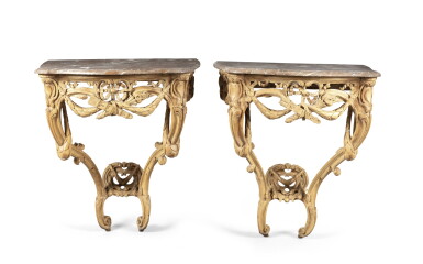 View full screen - View 1 of Lot 92. A pair of late Louis XV carved beechwood console tables, circa 1770 | Paire de consoles en hêtre sculpté d'époque Louis XV, vers 1770.