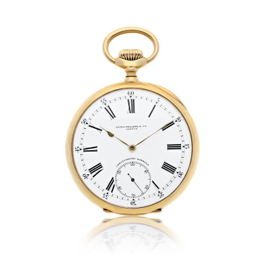 View full screen - View 1 of Lot 171. PATEK PHILIPPE | RETAILED BY GONDOLO & LABOURIAU: A LARGE YELLOW GOLD OPEN FACED WATCH, CIRCA 1900.
