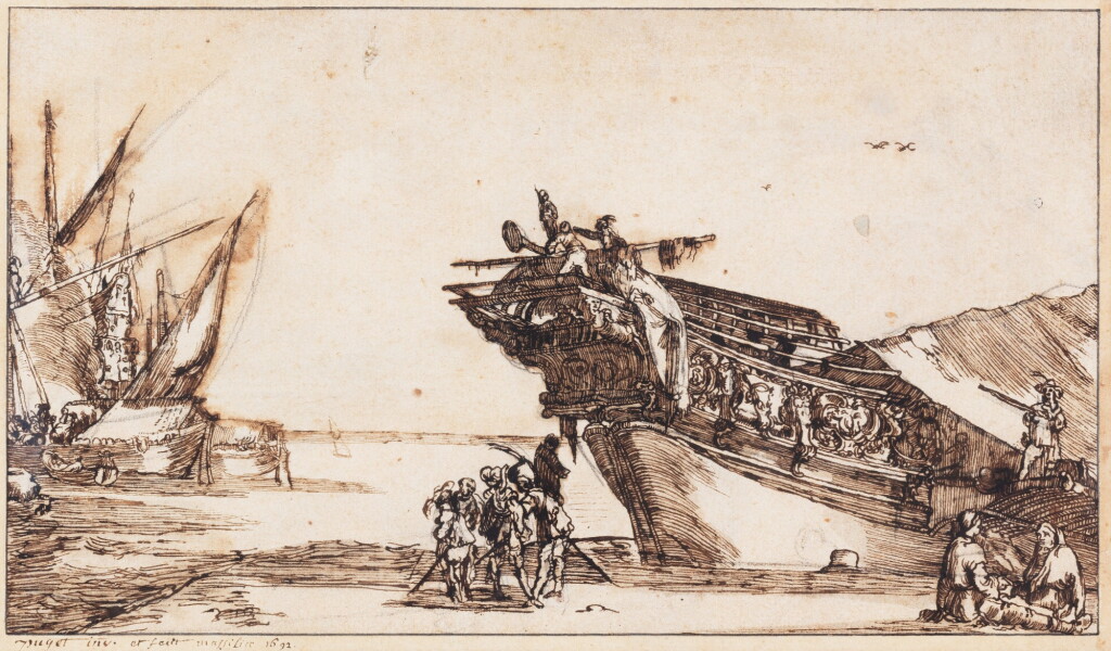 View full screen - View 1 of Lot 15. Pierre Puget, after Stefano Della Bella, Boats, barks and vessels | Pierre Puget, d’après Stefano Della Bella, Portefaix, barques et vaisseaux.