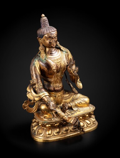 View full screen - View 1 of Lot 167. A large gilt copper repoussé and copper alloy figure of Green Tara Tibet, 18th century | 西藏十八世紀 鎏金銅合金綠度母坐像.