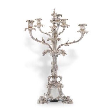 View full screen - View 1 of Lot 133. A Victorian silver six-light candelabrum/centrepiece, Edward Barnard & Sons, London, 1847.