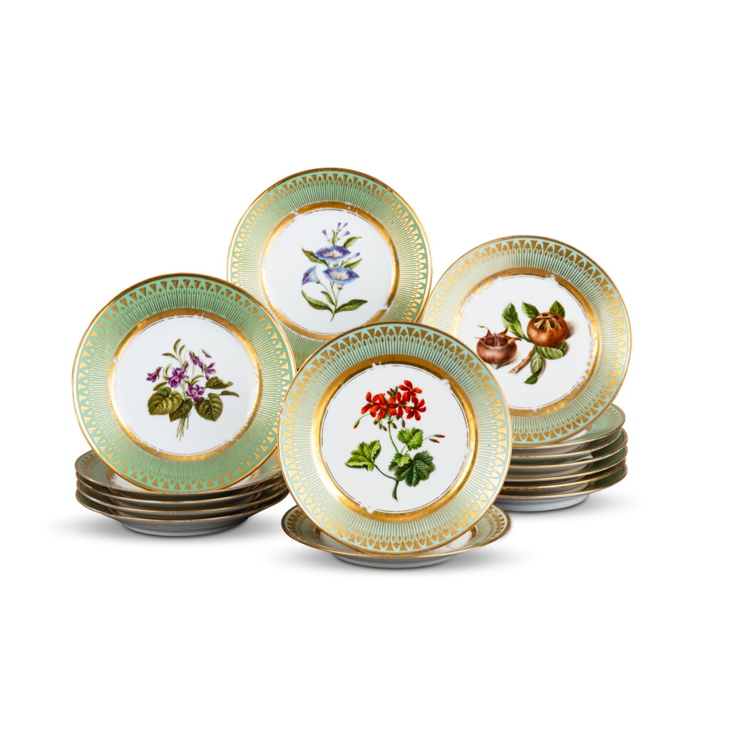 View full screen - View 1 of Lot 160. Twenty-six Paris porcelain (Honoré and Dagoty manufactories) green-ground dessert plates, circa 1820.