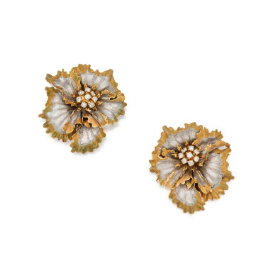 View full screen - View 1 of Lot 300. Pair of Two-Color Gold and Diamond Earclips.