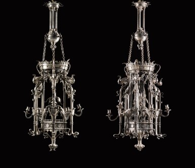View full screen - View 1 of Lot 130. A pair of French neo-gothic silvered bronze seven-light lanterns, late 19th century, attributed to Emile Froment.mes
urice.