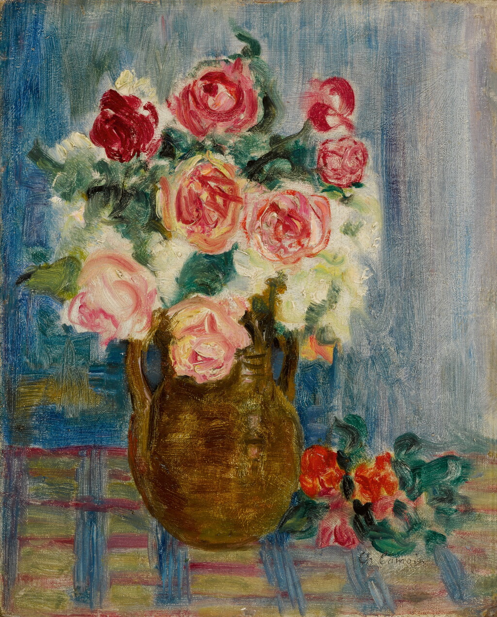 View full screen - View 1 of Lot 1381. Bouquet de roses dans le vase jaune.
