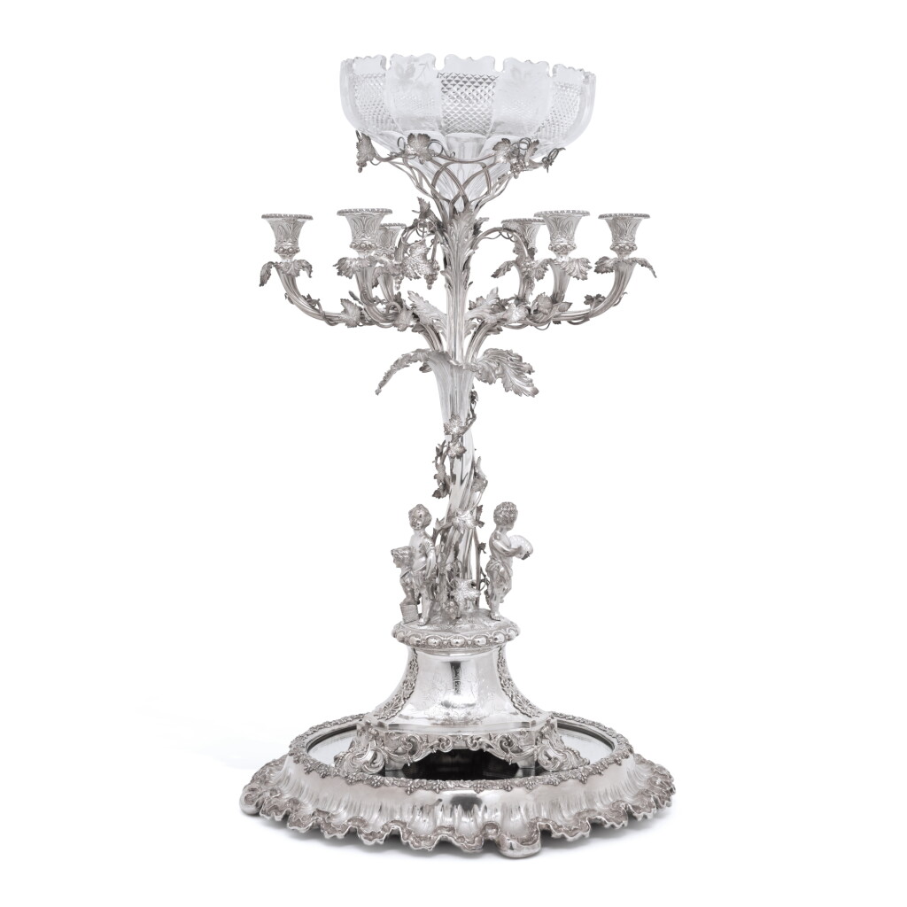 View full screen - View 1 of Lot 38. A Victorian silver six-light candelabrum centrepiece and stand, Alexander Macrae, London, 1867.