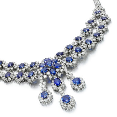 View full screen - View 1 of Lot 115. SAPPHIRE AND DIAMOND NECKLACE.