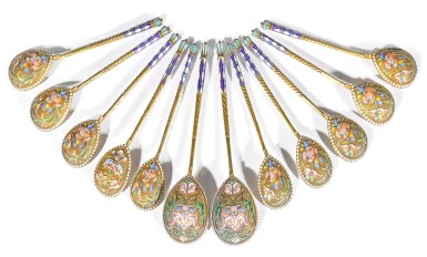 View full screen - View 1 of Lot 236. A set of twelve silver-gilt and shaded enamel spoons, Vladimirov, St Petersburg, 1899-1903.