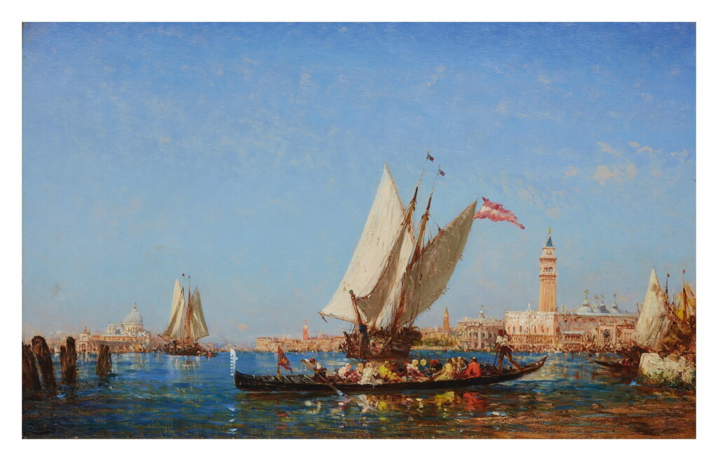 View full screen - View 1 of Lot 28. FÉLIX ZIEM | BOATS ON THE BACINO SAN MARCO, WITH THE PUNTA DELLA DOGANA, SANTA MARIA DELLA SALUTE, PALAZZO DUCALE AND THE CAMPANILE IN THE DISTANCE, VENICE.