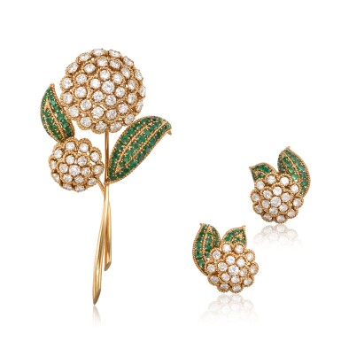 View full screen - View 1 of Lot 206. Gold, Emerald and Diamond Clip-Brooch and Pair of Earclips, France.