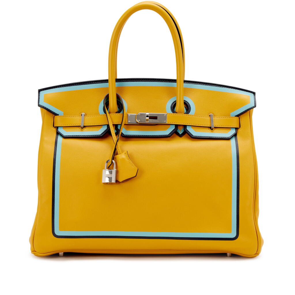 View full screen - View 1 of Lot 92. Jaune Ambre, Bleu Celeste and Bleu Indigo Swift Contour Birkin 35 Palladium Hardware, 2019.