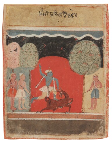 View full screen - View 1 of Lot 382. An Illustration to a Bhagavata Purana: Krishna Slays Keshi, India, Malwa, circa 1630 .