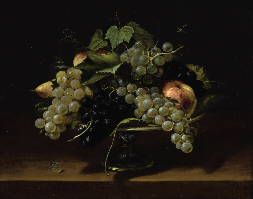 View full screen - View 1 of Lot 49. PANFILO NUVOLONE | STILL LIFE WITH GRAPES, PEACHES, AND PEARS ON A PEWTER TAZZA, WITH A SELF-PORTRAIT IN THE REFLECTION.