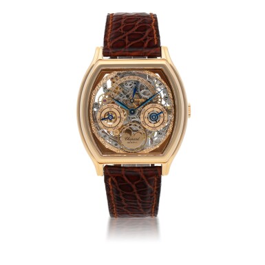 View full screen - View 1 of Lot 151. CHOPARD | LIMITED EDITION PINK GOLD SKELETONIZED PERPETUAL CALENDAR WRISTWATCH WITH MOON PHASES, 24-HOUR AND LEAP-YEAR INDICATION CIRCA 1995.