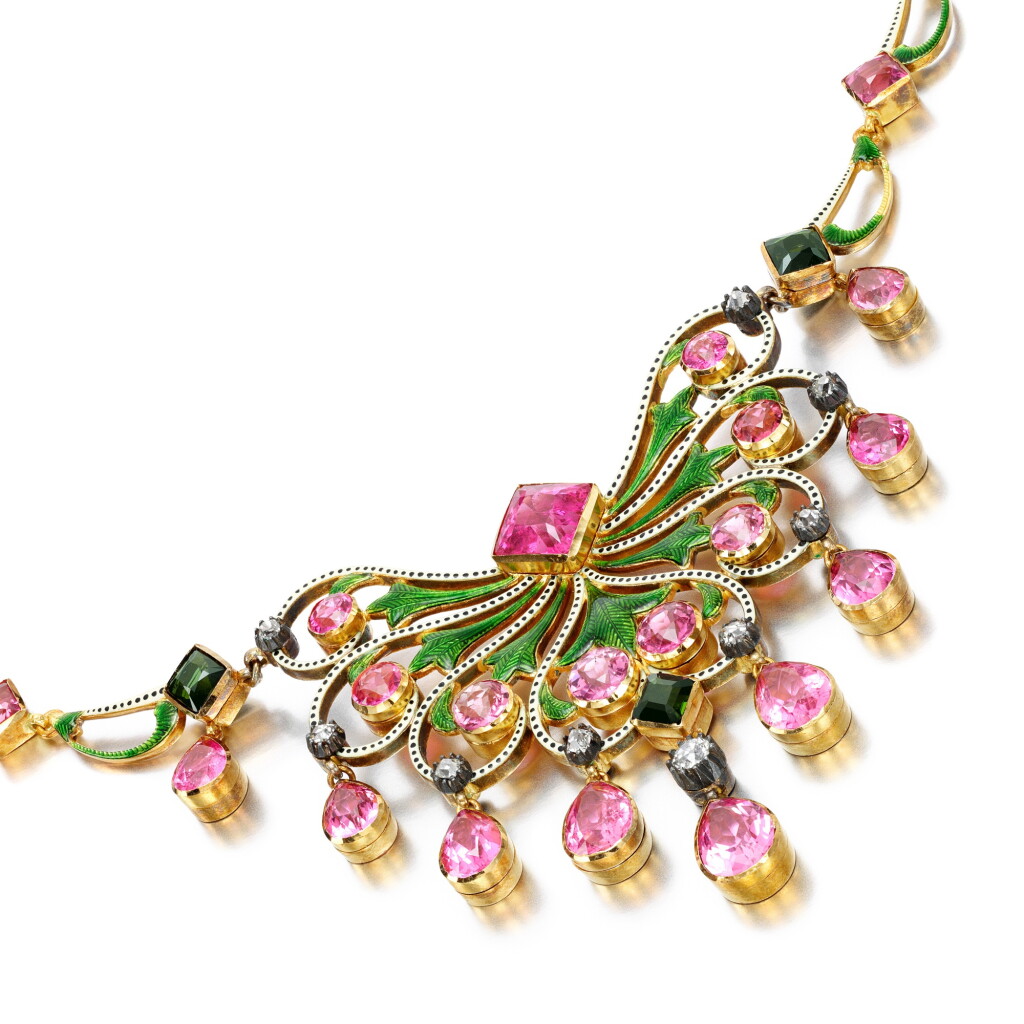 View full screen - View 1 of Lot 86. Tourmaline, enamel and diamond necklace, circa 1895.