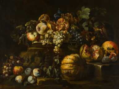 View full screen - View 1 of Lot 164. Still life with figs, apricots, peaches, pomegranates, apples, grapes and a gourd.