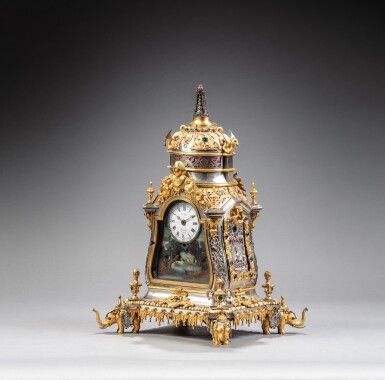 View full screen - View 1 of Lot 78. A rare George III silver, gilt and paste-set musical automaton table clock, James Cox, London, circa 1780.