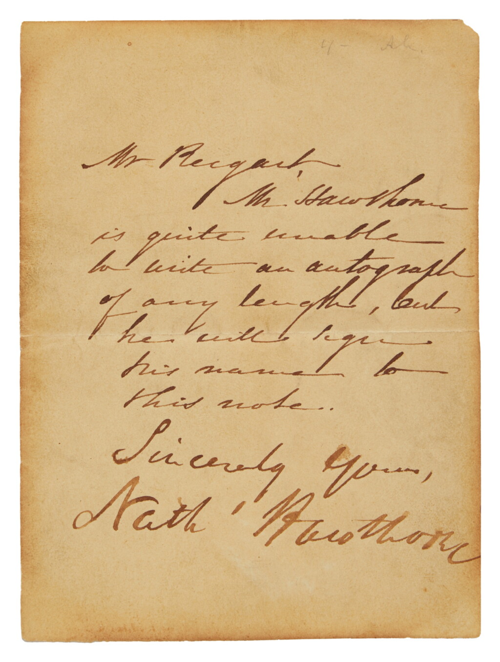 Voir en plein écran - Voir 1 du lot 1058. Hawthorne, Nathaniel | The author's last letter.