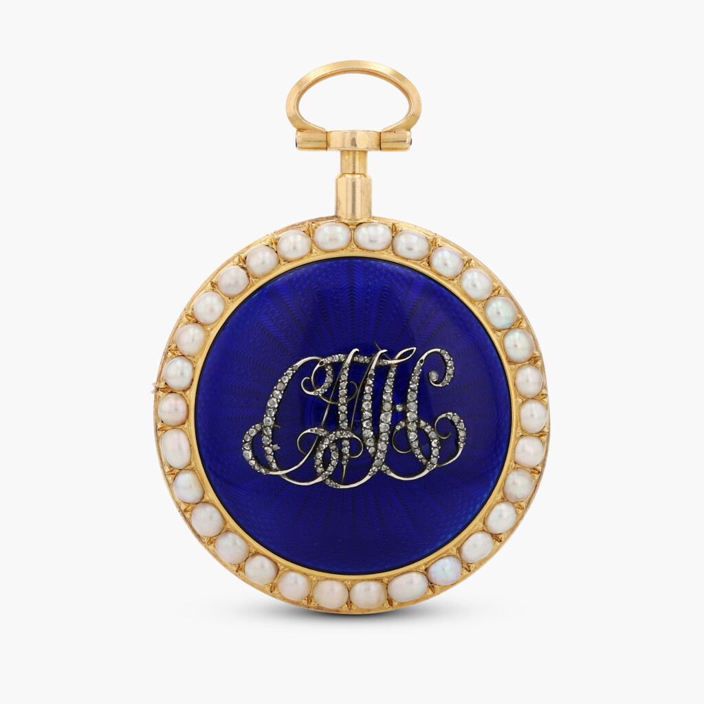 View full screen - View 1 of Lot 438. Yellow gold, enamel and split pearl-set consular-cased quarter repeating watch, blue guilloché enamel case back centred with a diamond-set monogram, with gilt-metal outer protective case, circa 1800.