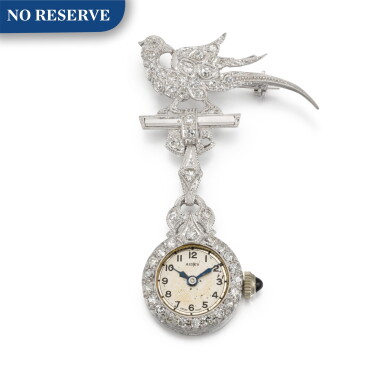 View full screen - View 1 of Lot 75. White Gold And Diamond-Set Keyless Lever Open-face Lapel Watch, Circa 1920.