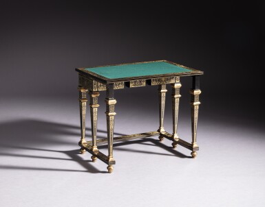 View full screen - View 1 of Lot 405. A Louis XIV tortoiseshell and Boulle marquetry money changer desk, circa 1700 | Bureau de changeur en marqueterie Boulle d’écaille et de laiton, d’époque Louis XIV, vers 1700.