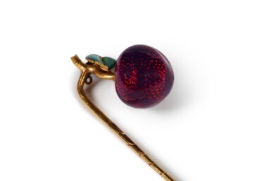 View full screen - View 1 of Lot 106. A Gold and Guilloché Enamel Plum Stick Pin, Possibly Fabergé, Moscow, circa 1900.