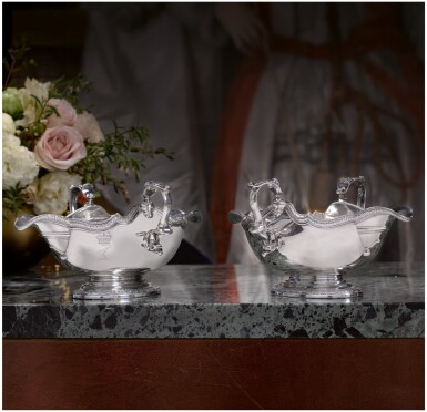 View full screen - View 1 of Lot 57. A PAIR OF GEORGE II SILVER DOUBLE-LIPPED SAUCE BOATS, BRITANNIA STANDARD, PAUL DE LAMERIE, LONDON, 1732.