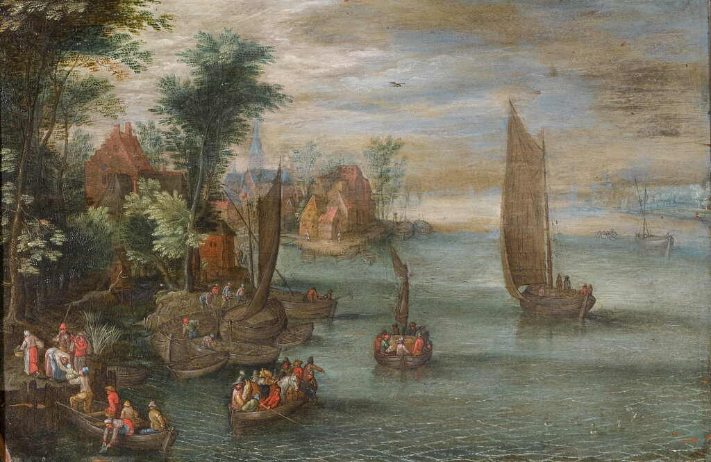 全螢幕檢視 - 查看67FOLLOWER OF JAN BRUEGHEL THE YOUNGER | RIVER LANDSCAPE WITH FIGURES IN BOATS AND A VILLAGE AT THE WATER'S EDGE的1