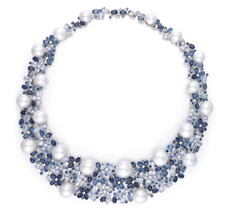 White Gold, Sapphire, Cultured Pearl and Diamond Necklace