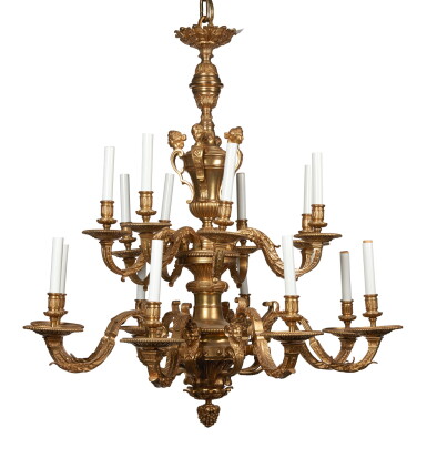 View full screen - View 1 of Lot 282. A LOUIS XIV STYLE GILT BRONZE SIXTEEN-LIGHT CHANDELIER.
