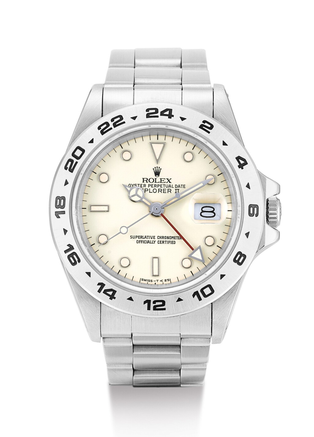 View full screen - View 1 of Lot 2. ROLEX | EXPLORER II, REFERENCE 16550, A STAINLESS STEEL WRISTWATCH WITH 24 HOUR INDICATION, DATE, CREAM RAIL DIAL AND BRACELET, CIRCA 1987.
