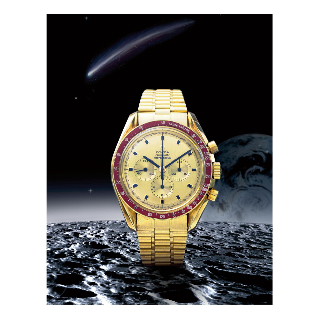 View full screen - View 1 of Lot 13. OMEGA | SPEEDMASTER REF 145.022-69 'APOLLO XI', A YELLOW GOLD CHRONOGRAPH WRISTWATCH WITH BRACELET, MADE IN 1969.