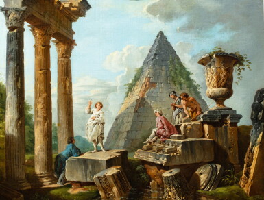 View full screen - View 1 of Lot 725. Young apostle preaching in the ruins, with the Sextius pyramid and the temple portico of the Dioscuri.
