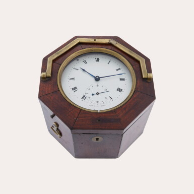 View full screen - View 1 of Lot 28. An extremely rare and early gilt-brass and octagonal mahogany boxed marine chronometer with twin barrels, the first recorded Breguet marine chronometer sold.