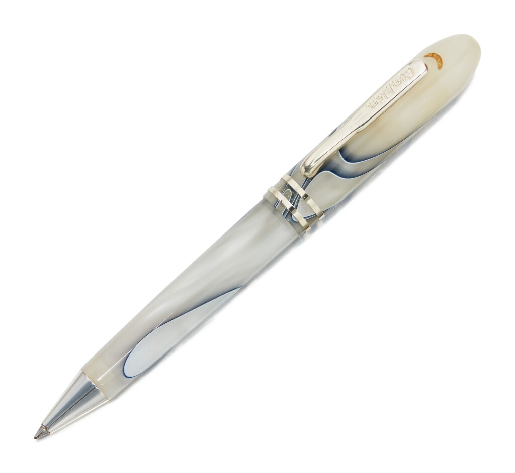 View full screen - View 1 of Lot 147. CONKLIN | A WHITE AND BLUE MARBLED RESIN BALLPOINT PEN WITH SILVER ACCENTS, CIRCA 2004.