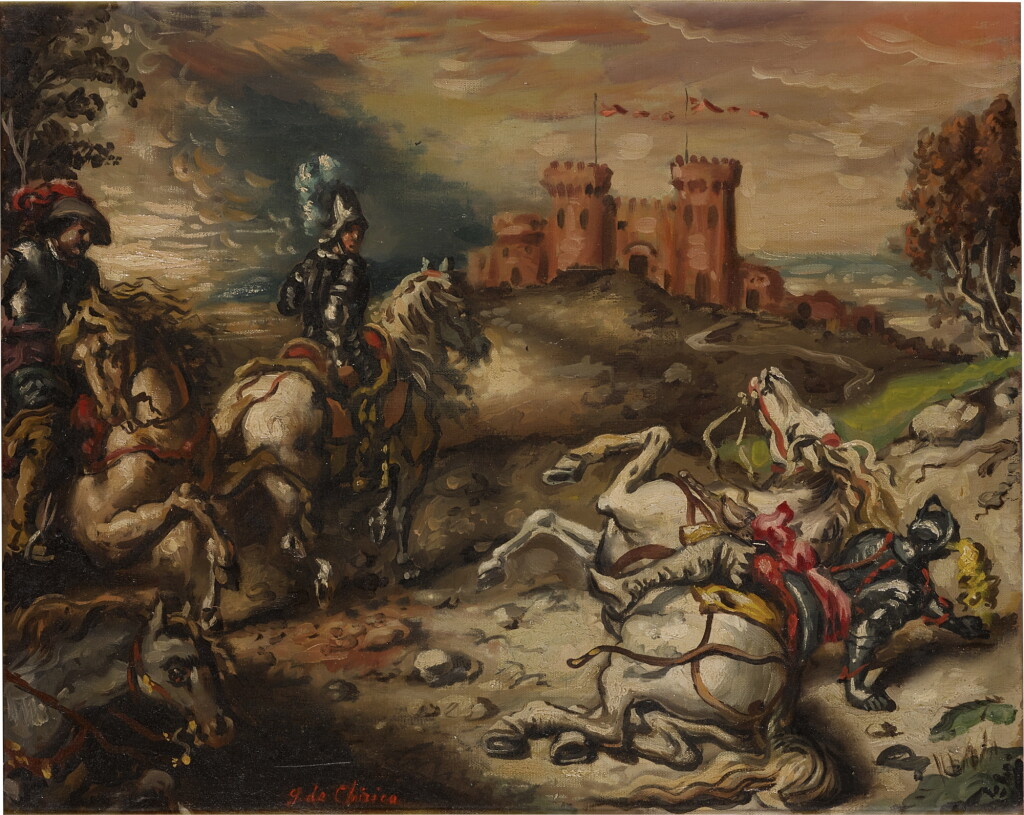 View full screen - View 1 of Lot 263. Cavalli e cavalieri presso un castello.