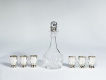 A Set of Six Small Danish Silver Grapevine Pattern Cups, No. 296B, and Cut-Glass Decanter with Silver Stopper, No. 100C, Georg Jensen Silversmithy, Copenhagen, 1945–1977
