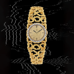 A yellow gold and diamond-set with bracelet watch designed by Gilbert Albert with hammered dial | Circa 1965