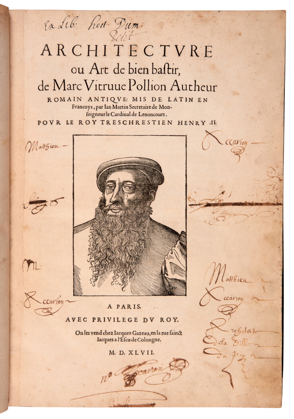 View full screen - View 1 of Lot 648. Vitruvius, Architecture ou art de bien bastir, Paris, 1547, later calf by Duchamps.