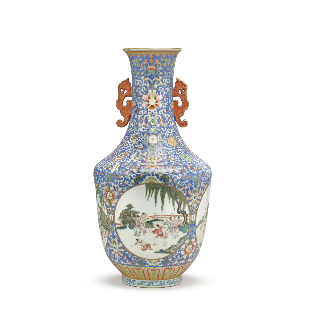 View full screen - View 1 of Lot 720. A fine blue-ground famille-rose 'boys' vase, Qing dynasty, Daoguang period | 清道光 藍地粉彩開光嬰戲圖雙耳瓶 《慎德堂製》款.