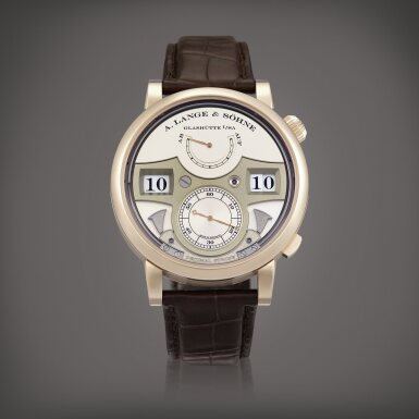 View full screen - View 1 of Lot 705. Zeitwerk Decimal Strike Honeygold, Reference 143.050 | A limited edition honey gold wristwatch with ten-minute striking mechanism, digital time display and power reserve indication, Circa 2017 | 朗格 | Zeitwerk Decimal Strike Honeygold 型號143.050 | 限量版蜜糖金腕錶,備十分鐘鳴響裝置、跳字及動力儲備顯示,約2017年製.