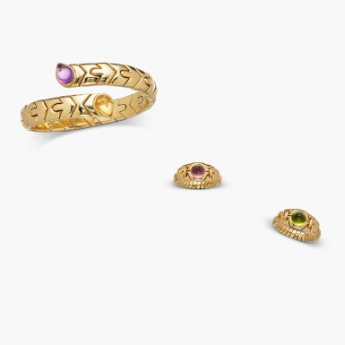 View full screen - View 1 of Lot 484. Gold, Amethyst and Citrine Cuff-Bracelet and Two Gold and Colored Stone Rings.
