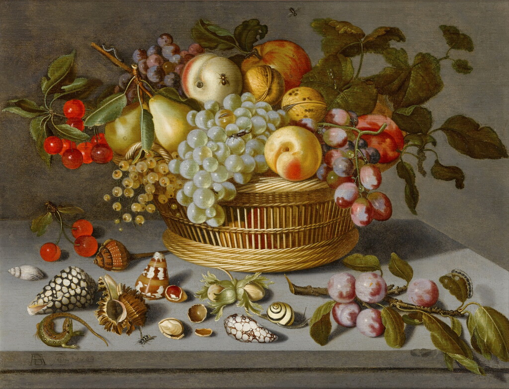 View full screen - View 1 of Lot 113. Still life of grapes, pears, cherries and other fruit in a wicker basket, with shells, a lizard, a snail, a bunch of cherries, almonds and plums on a stone ledge.