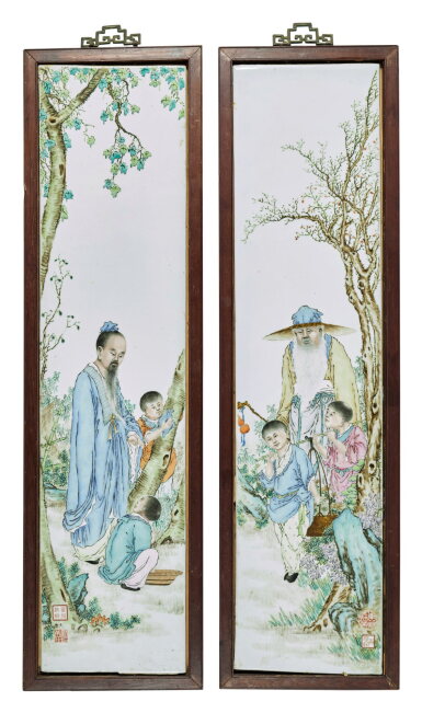 View full screen - View 1 of Lot 78. A set of two famille-rose 'figural' plaques signed Liu Xiren, Republic period | 民國 劉希任 (款) 粉彩「東籬採菊」、「雲林洗桐」圖瓷板一組兩件.