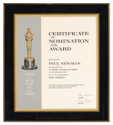 View full screen - View 1 of Lot 43. "The Verdict" | Paul Newman Academy Award® Certificate of Nomination and Nomination Plaque.