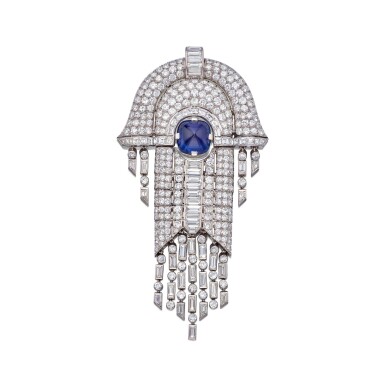 View full screen - View 1 of Lot 44. Mauboussin | Sapphire and Diamond Pendant-Brooch, France 藍寶石配鑽石吊墜別針,法國.