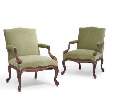 View full screen - View 1 of Lot 10. A pair of George III carved mahogany armchairs, circa 1765, attributed to John Gordon.