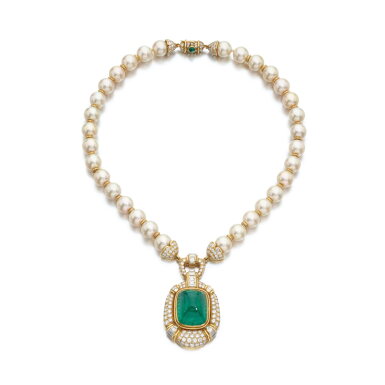 View full screen - View 1 of Lot 893. Emerald, cultured pearl and diamond pendent necklace.