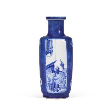 View full screen - View 1 of Lot 131. A powder-blue-ground blue and white 'Zhang Qian on raft' rouleau vase, Qing dynasty, Kangxi period | 清康熙 灑藍地開光青花張騫乘槎圖棒槌瓶.