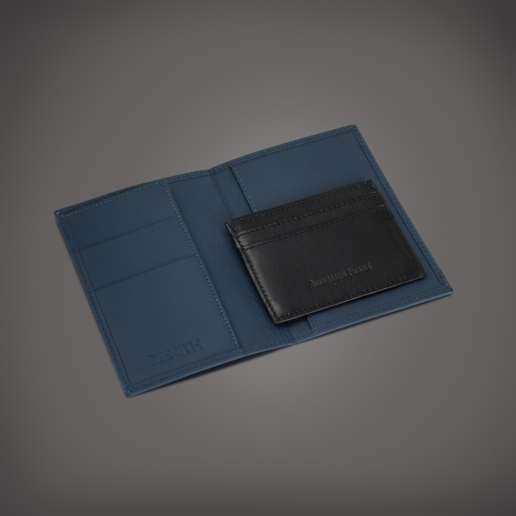 View full screen - View 1 of Lot 454. A blue calfskin passport holder and a black calfskin and fabric card holder | Circa 2022.